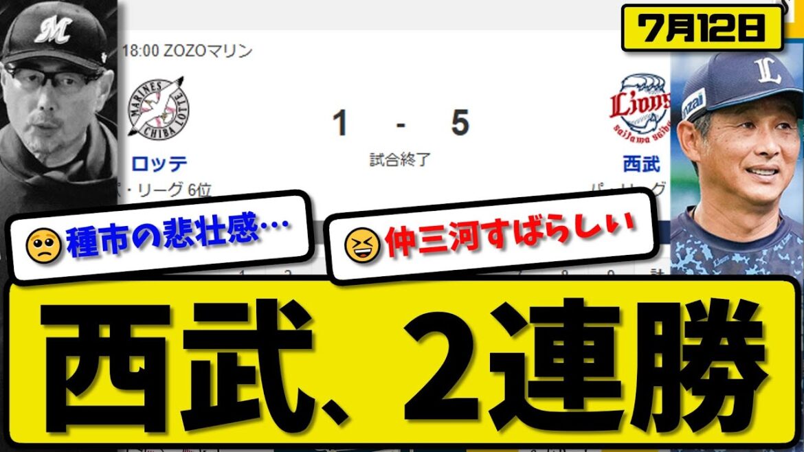 【パ4位vs6位】西武ライオンズがロッテマリーンズに5-1で勝利…7月12日2連勝…先発與座8回1失点…仲三河&長谷川が活躍【最新・反応集・なんJ・2ch】プロ野球 【パ4位vs6位】西武ライオンズがロッテマリーンズに5-1で勝利…7月12日2連勝…先発與座8回1失点…仲三河&長谷川が活躍【最新・反応集・なんJ・2ch】プロ野球