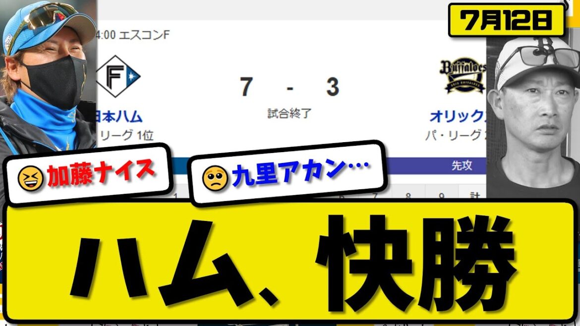 【パ1位vs2位】日本ハムファイターズがオリックスバファローズに7-3で勝利…7月12日快勝…先発加藤5回3失点…清宮&石井&矢澤が活躍【最新・反応集・なんJ・2ch】プロ野球