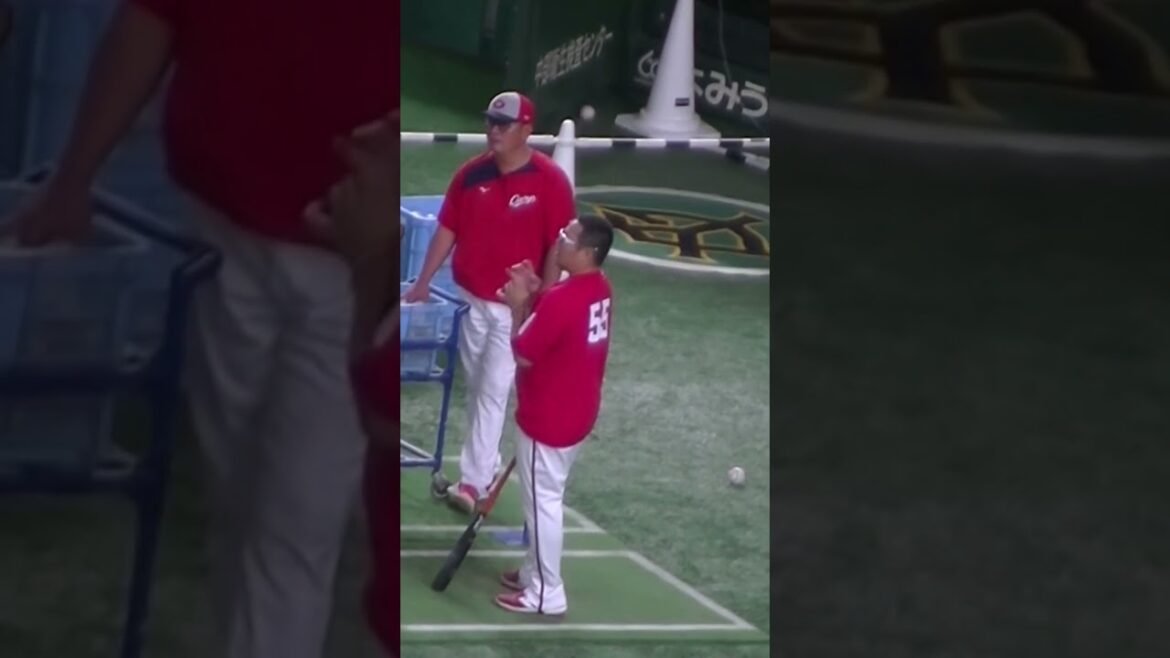 広島 松山竜平の片手ティーバッティング（2024年6月28日読売ジャイアンツ対 広島カープ）