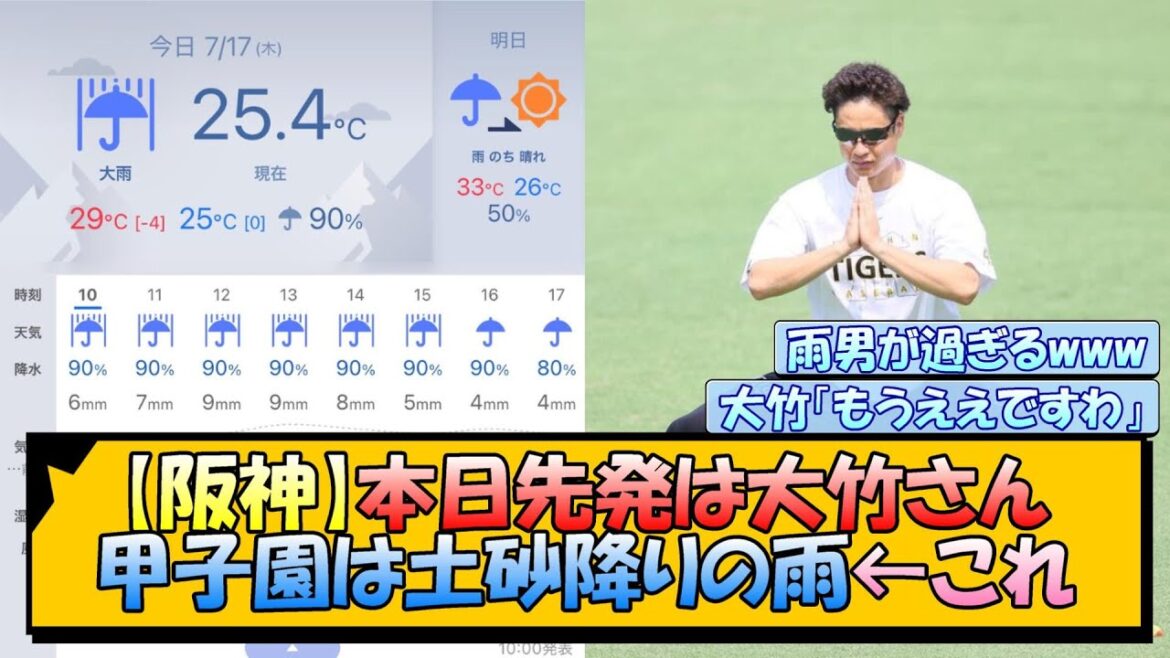 【阪神】本日先発は大竹さん、甲子園は土砂降りの雨←これ
