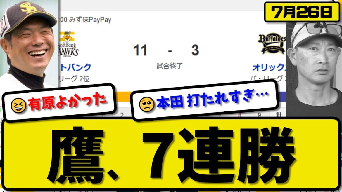 【パ2位vs3位】ソフトバンクホークスがオリックスバファローズに11-3で勝利…7月26日大勝で7連勝…先発有原7回2失点…佐藤&山川&周東&川瀬&牧原&野村&柳町が活躍【最新・反応集】プロ野球