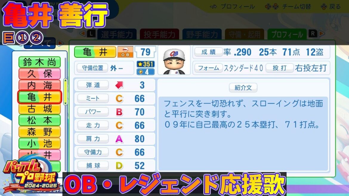 【パワプロ2024-2025】亀井 善行【ＯＢ・レジェンド選手応援歌】