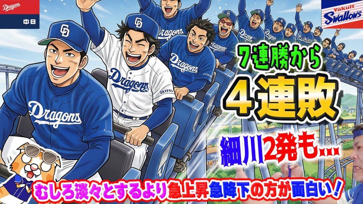【中日ドラゴンズ】細川２連発ホームランもそれ以外奥川にピシャリ、４連敗で借金８だけどまだ首の皮１枚のこってる僥倖【ライブ】