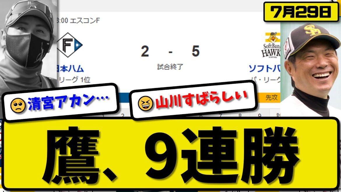 【パ1位vs2位】ソフトバンクホークスが日本ハムファイターズに5-2で勝利…7月29日9連勝…先発モイネロ6回1失点…山川&周東&牧原が活躍【最新・反応集・なんJ・2ch】プロ野球 【パ1位vs2位】ソフトバンクホークスが日本ハムファイターズに5-2で勝利…7月29日9連勝…先発モイネロ6回1失点…山川&周東&牧原が活躍【最新・反応集・なんJ・2ch】プロ野球