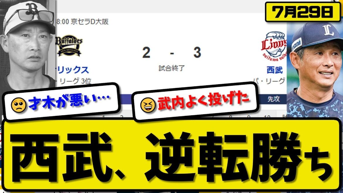 【パ3位vs4位】西武ライオンズがオリックスバファローズに3-2で勝利…7月29日逆転勝ち…先発武内6回2失点…ネビン&西川が活躍【最新・反応集・なんJ・2ch】プロ野球 【パ3位vs4位】西武ライオンズがオリックスバファローズに3-2で勝利…7月29日逆転勝ち…先発武内6回2失点…ネビン&西川が活躍【最新・反応集・なんJ・2ch】プロ野球
