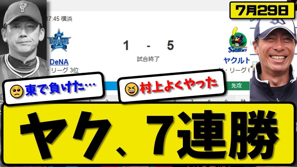 【セ3位vs6位】ヤクルトスワローズが横浜ベイスターズに5-1で勝利…7月29日7連勝…先発ランバート6回1失点…村上&オスナ&岩田&山田が活躍【最新・反応集・なんJ・2ch】プロ野球