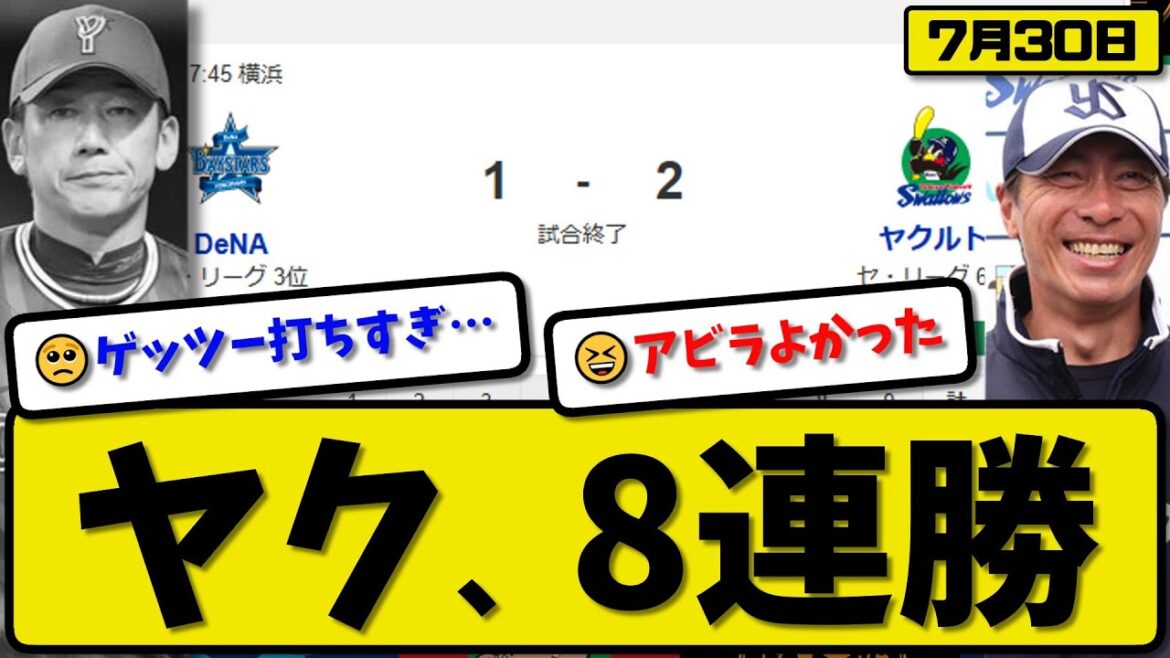 【セ3位vs6位】ヤクルトスワローズが横浜ベイスターズに2-1で勝利…7月30日8連勝…先発アビラ7回1失点…山田&内山が活躍【最新・反応集・なんJ・2ch】プロ野球