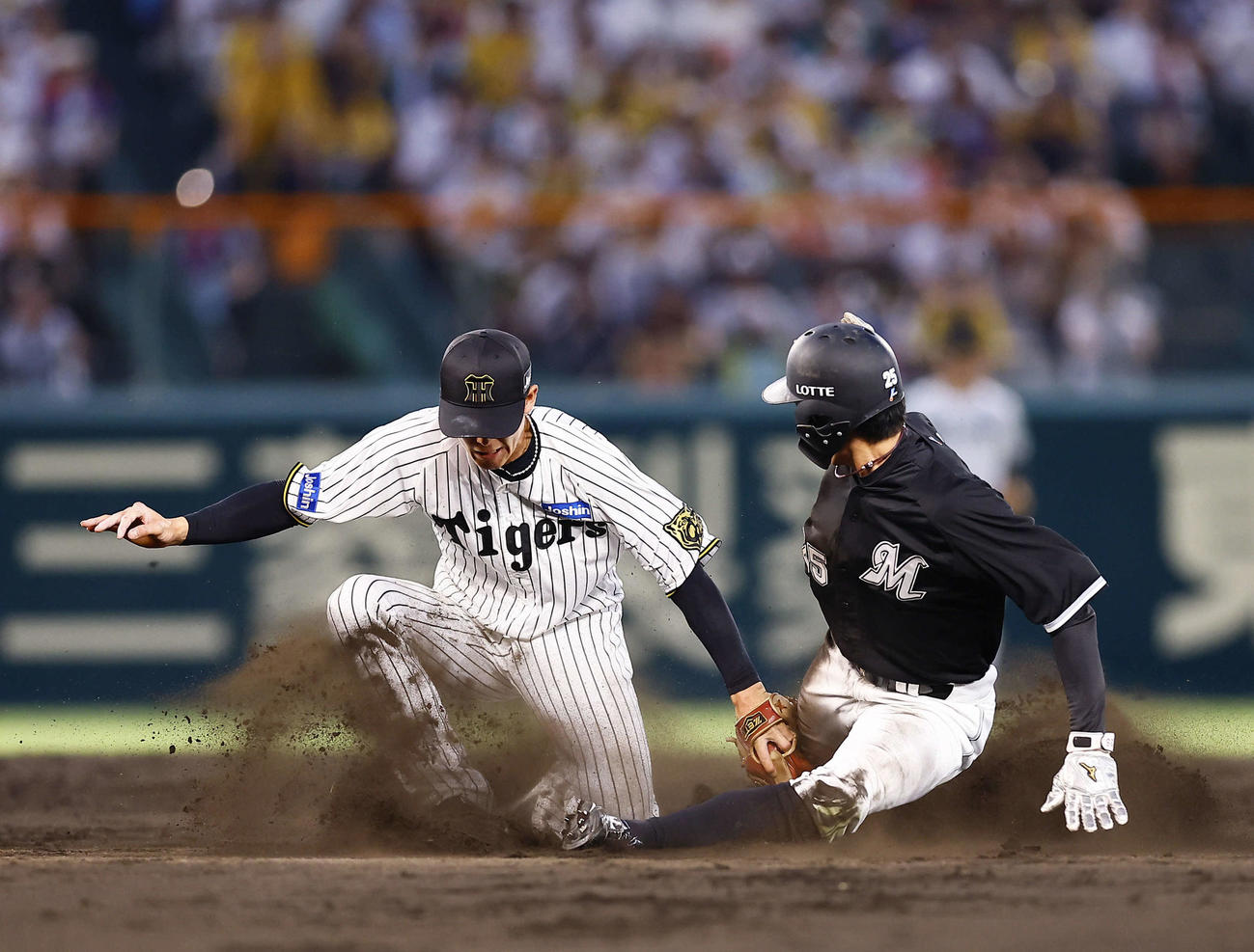 6月19日 ロッテ戦で岡(右)の二盗を阻止