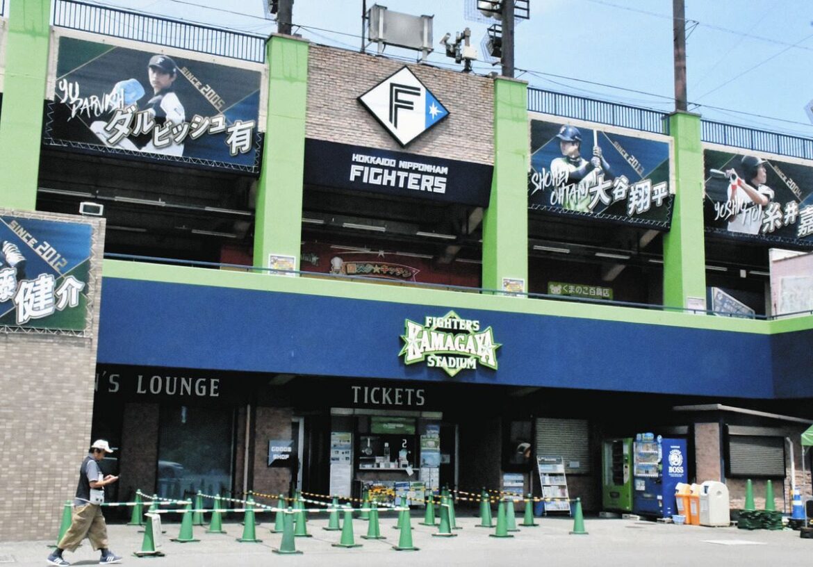 大谷翔平選手らの写真も掲示されている「ファイターズ鎌ケ谷スタジアム」＝千葉県鎌ケ谷市で