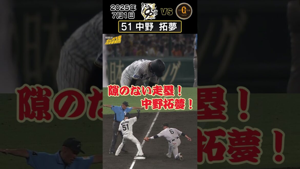 【中野 ファールフライですかさずタッチアップ】まさに隙のない素晴らしい走塁！！（2025年7月1日 阪神－巨人） #サンテレビボックス席