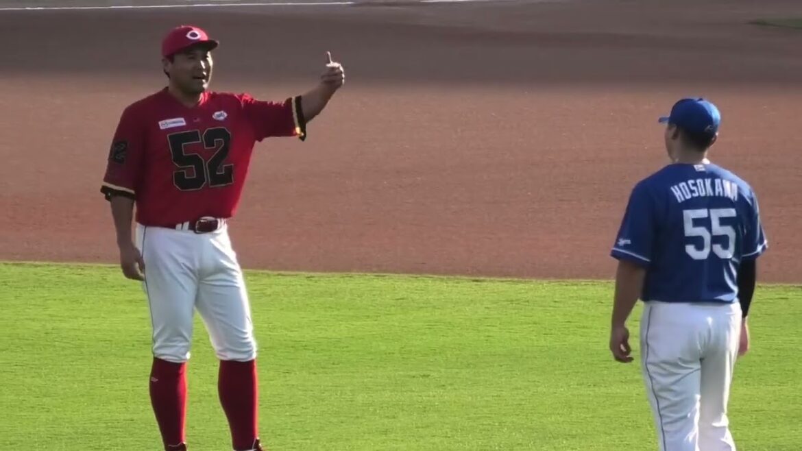 末包昇大と細川成也、矢野雅哉と田中幹也が談笑！広島東洋カープvs中日ドラゴンズ 2025年8月2日