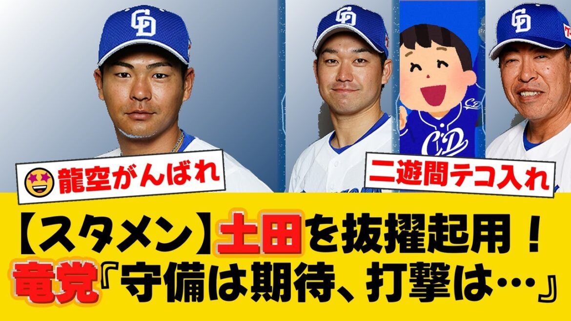 中日、8番遊撃に土田龍空を5月11日以来のスタメン起用!山本泰寛は休養でベンチスタート、連勝目指す広島戦のスタメン発表【中日ファンの反応】【D速報】 中日、8番遊撃に土田龍空を5月11日以来のスタメン起用!山本泰寛は休養でベンチスタート、連勝目指す広島戦のスタメン発表【中日ファンの反応】【D速報】