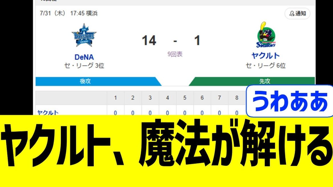 東京ヤクルトスワローズ、連勝街道がとんでもない形で破壊されるwww【7/31ヤクルトvsDeNA】 東京ヤクルトスワローズ、連勝街道がとんでもない形で破壊されるwww【7/31ヤクルトvsDeNA】