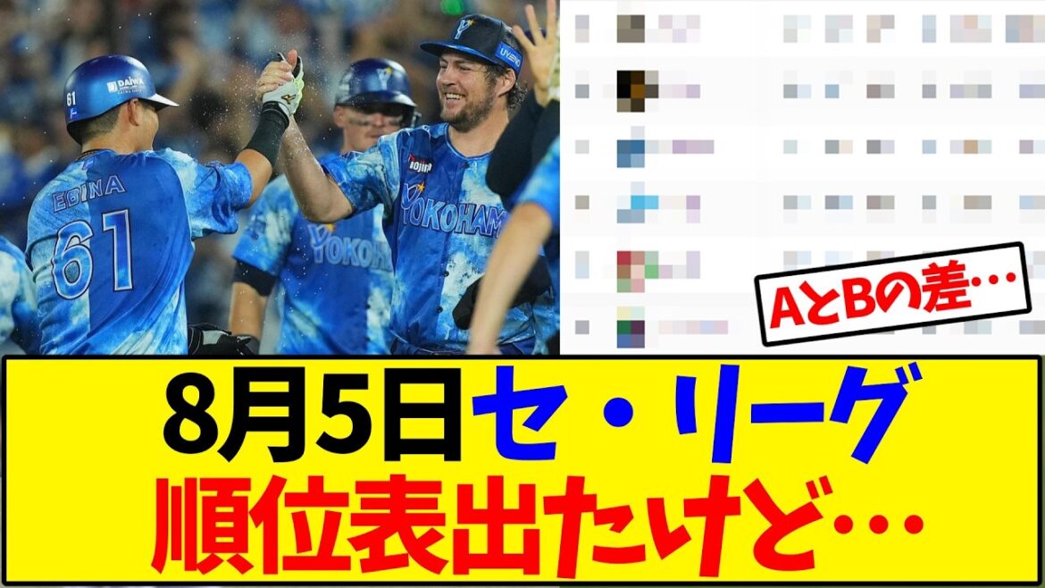 【最新版】8月5日セ・リーグ順位表出たけど…【野球反応集】