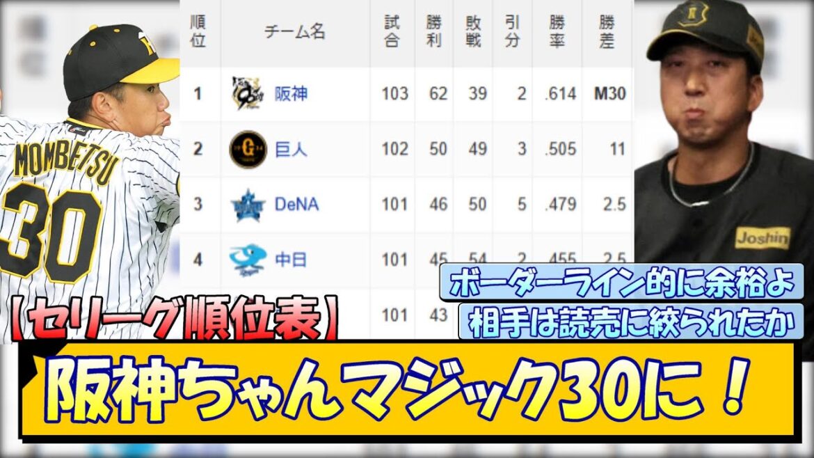 【セリーグ順位表】阪神ちゃんマジック30に! 【セリーグ順位表】阪神ちゃんマジック30に!
