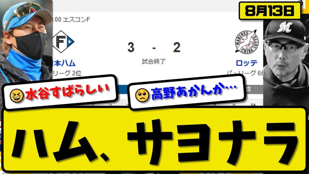 【パ2位vs6位】日本ハムファイターズがロッテマリーンズに3-2で勝利…8月13日逆転勝ち…先発山崎5回2失点…レイエス&水谷&有薗が活躍【最新・反応集・なんJ・2ch】プロ野球