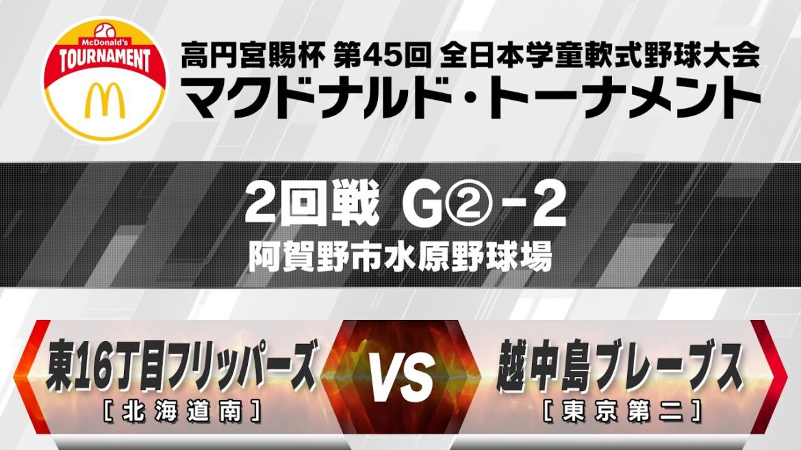 【2回戦:阿賀野市水原野球場 2試合目】G②-2【北海道南】東16丁目フリッパーズ vs 【東京第二】越中島ブレーブス