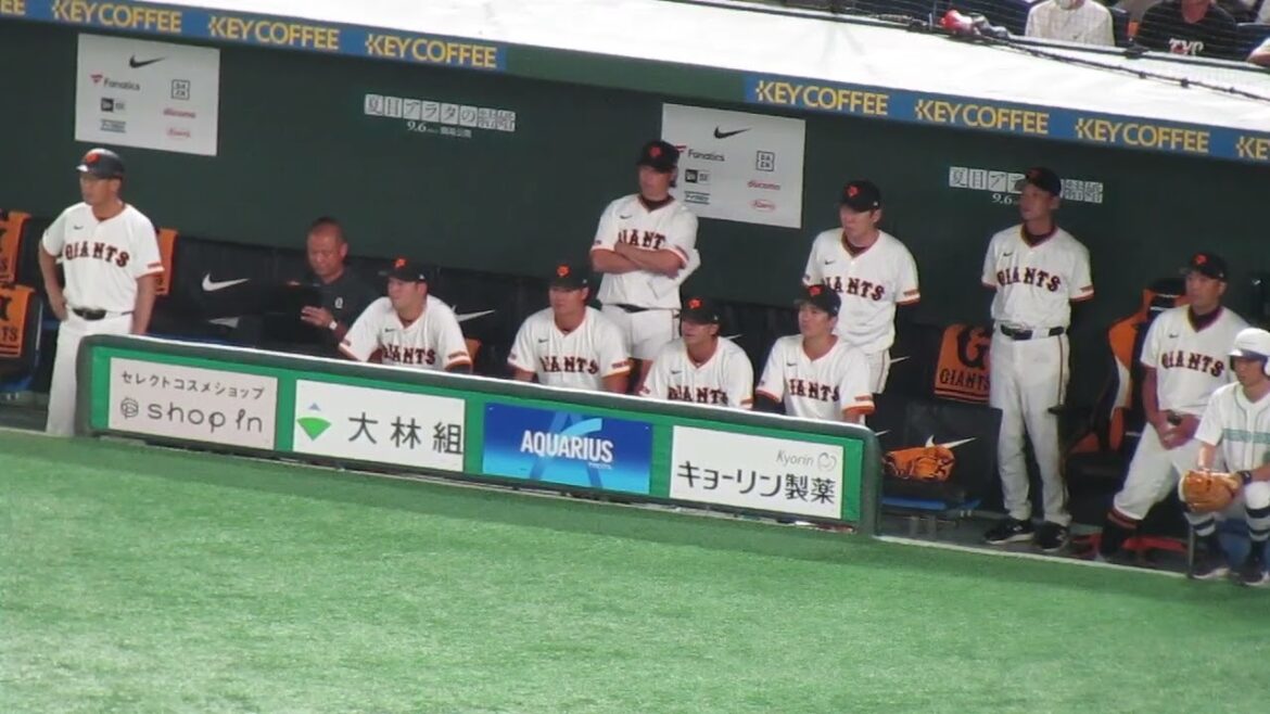 外野守備位置の指示を出したりしてる亀井コーチなどベンチの様子（ 読売ジャイアンツ 対 広島カープ 2024年8月20日）