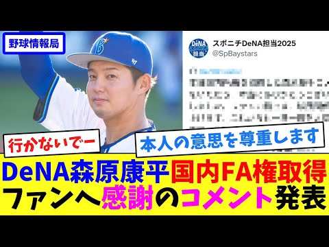 DeNA森原康平、国内FA権取得!ファンへ感謝のコメント発表【ネット反応集】 DeNA森原康平、国内FA権取得!ファンへ感謝のコメント発表【ネット反応集】