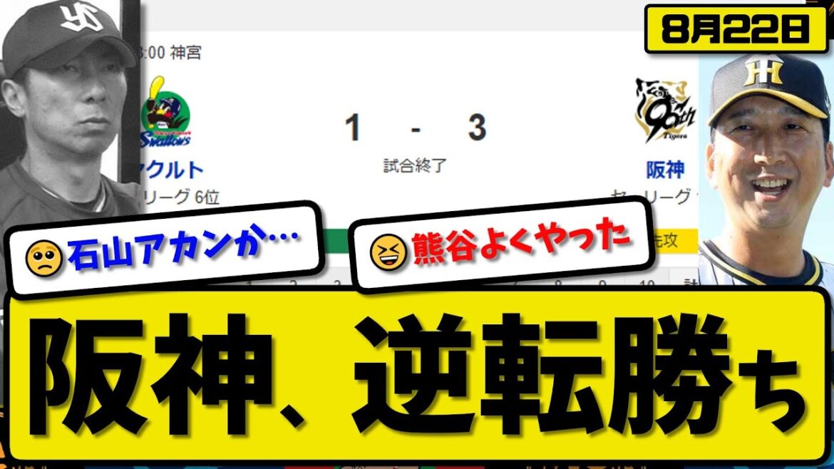 【セ1位vs6位】阪神タイガースがヤクルトスワローズに3-1で勝利…8月22日逆転勝ち…先発髙橋6回1失点…熊谷が決勝打の活躍【最新・反応集・なんJ・2ch】プロ野球