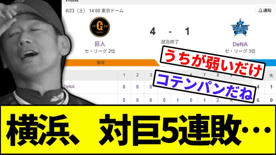 【もう終わった横の球団】横浜、対巨5連敗…【なんJ反応】【なんG反応】【プロ野球反応集】【2chスレ】【5chスレ】【巨人】【阪神】【中日】【ヤクルト】【カープ】【横浜ベイスターズ】【村上】
