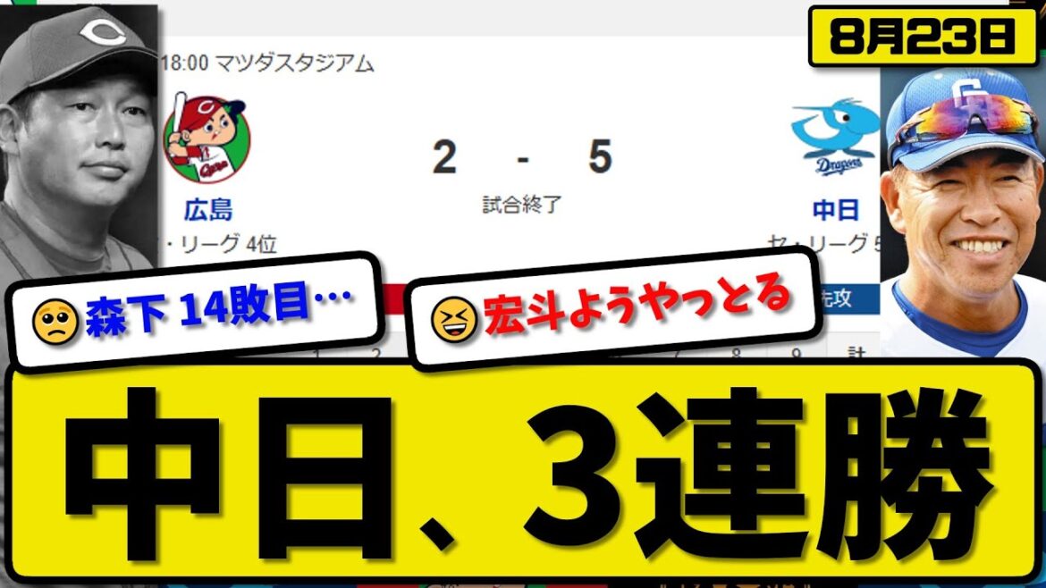 【セ4位vs5位】中日ドラゴンズが広島カープに5-2で勝利…8月23日3連勝…先発髙橋8回2失点…細川&山本が活躍【最新・反応集・なんJ・2ch】プロ野球