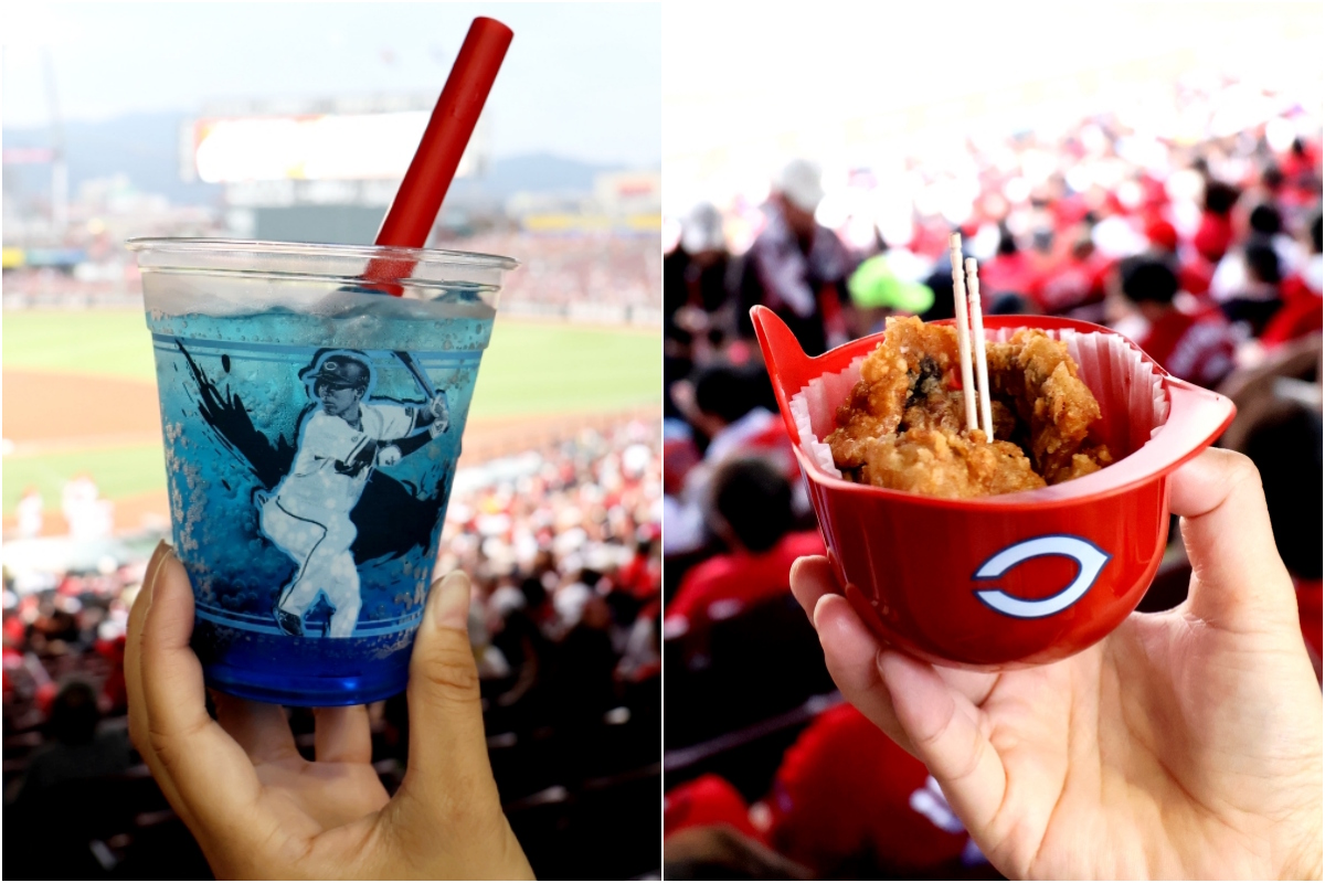 「たこの唐揚げ」、「選手の姿が容器にプリントされたドリンク」