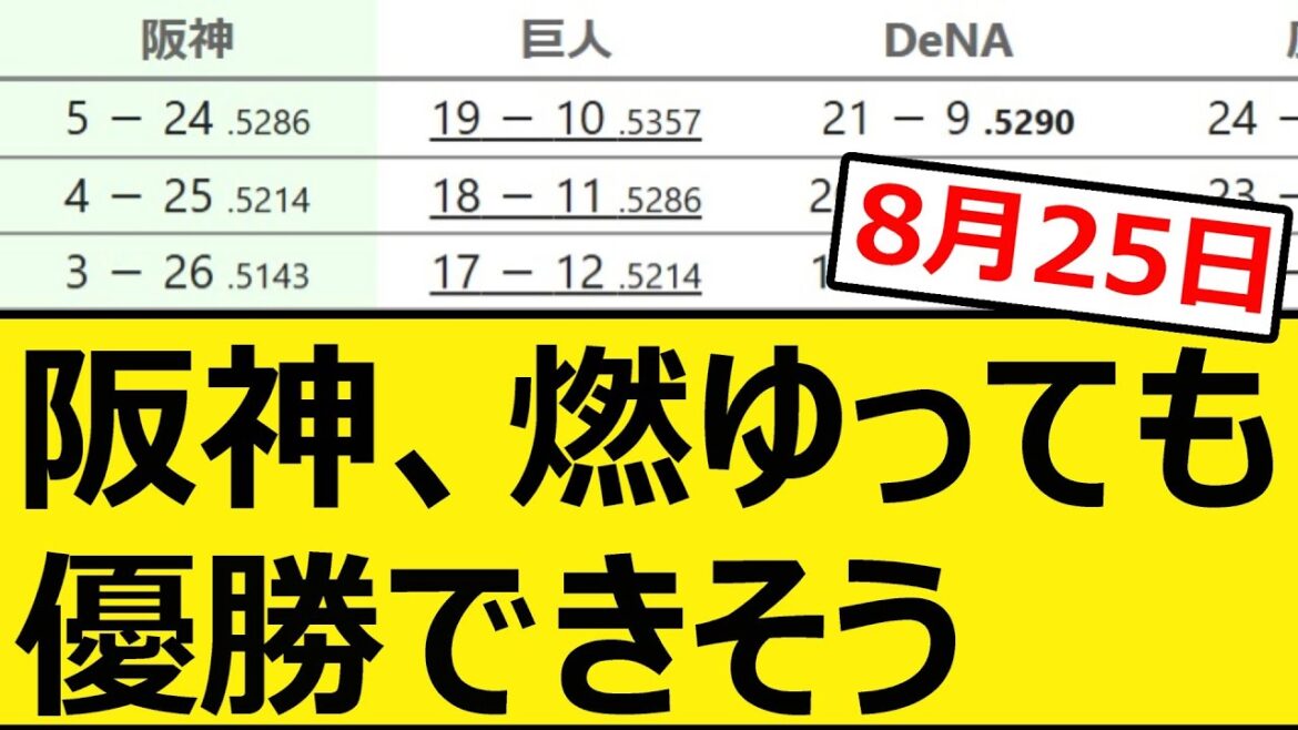 阪神、燃ゆっても優勝できそう【8月25日】【プロ野球、なんj、反応集】【野球、2ch、まとめ】【セリーグ順位表】