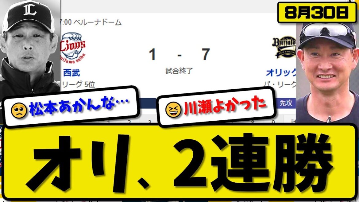 【パ3位vs5位】オリックスバファローズが西武ライオンズに7-1で勝利…8月30日2連勝…先発川瀬3回無失点…廣岡&福永&西野&杉本が活躍【最新・反応集・なんJ・2ch】プロ野球