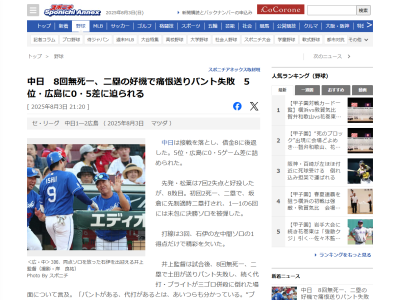 中日・井上一樹監督、ノーアウト1,2塁から送りバント失敗と併殺打で無得点だった場面について言及する