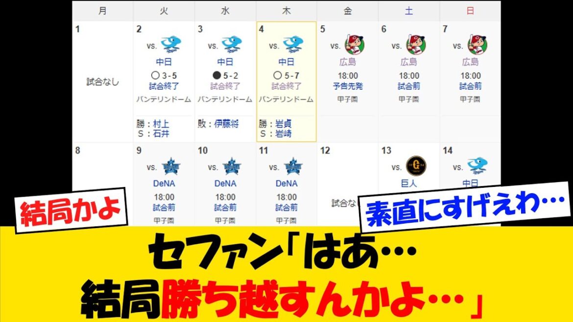 【安定】セファン、一向に負け越さない阪神タイガースに、さすがに呆れ始めるww【野球情報】【2ch 5ch】【なんJ なんG反応】【野球スレ】 【安定】セファン、一向に負け越さない阪神タイガースに、さすがに呆れ始めるww【野球情報】【2ch 5ch】【なんJ なんG反応】【野球スレ】