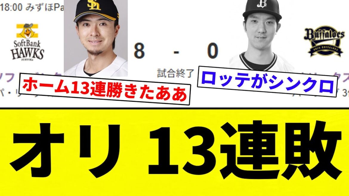 【よわすぎやろ】ソフバンVSオリックス 8ー0 地獄みたいな試合で完封ガシ負け【プロ野球反応集】【2chスレ】【なんG】