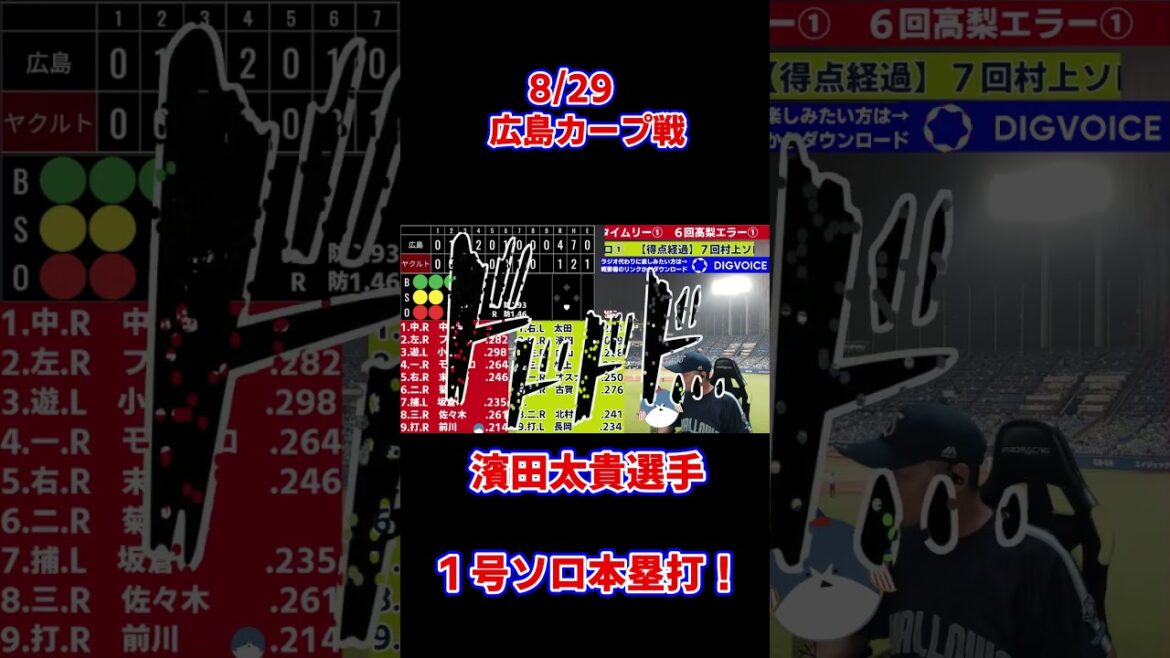 濱田太貴選手 待望の一軍昇格１号ソロ本塁打！ 広島カープ戦8/29