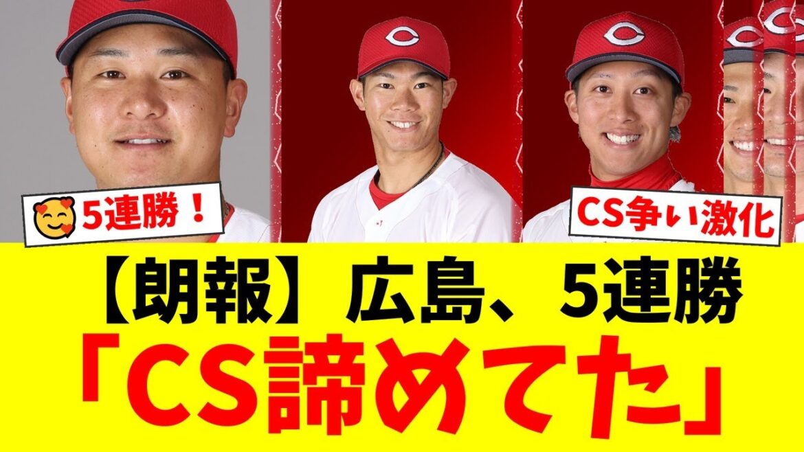 広島カープ、今季最長タイの5連勝でついに3位浮上!森翔平の圧巻投球と坂倉・羽月の活躍にファンが歓喜!【プロ野球ファンの反応】 広島カープ、今季最長タイの5連勝でついに3位浮上!森翔平の圧巻投球と坂倉・羽月の活躍にファンが歓喜!【プロ野球ファンの反応】