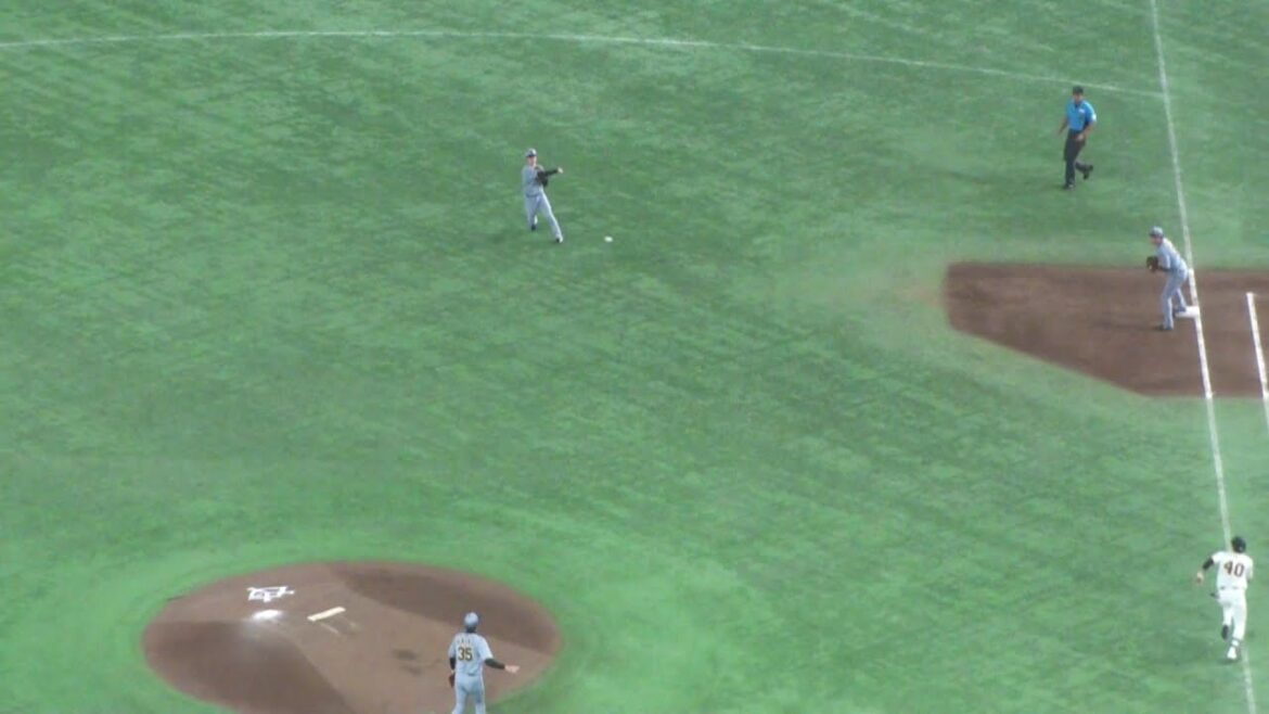 阪神 中野拓夢 バックホームアウトでナイスプレー　巨人 vs 阪神　2025年8月17日(日)　東京ドーム