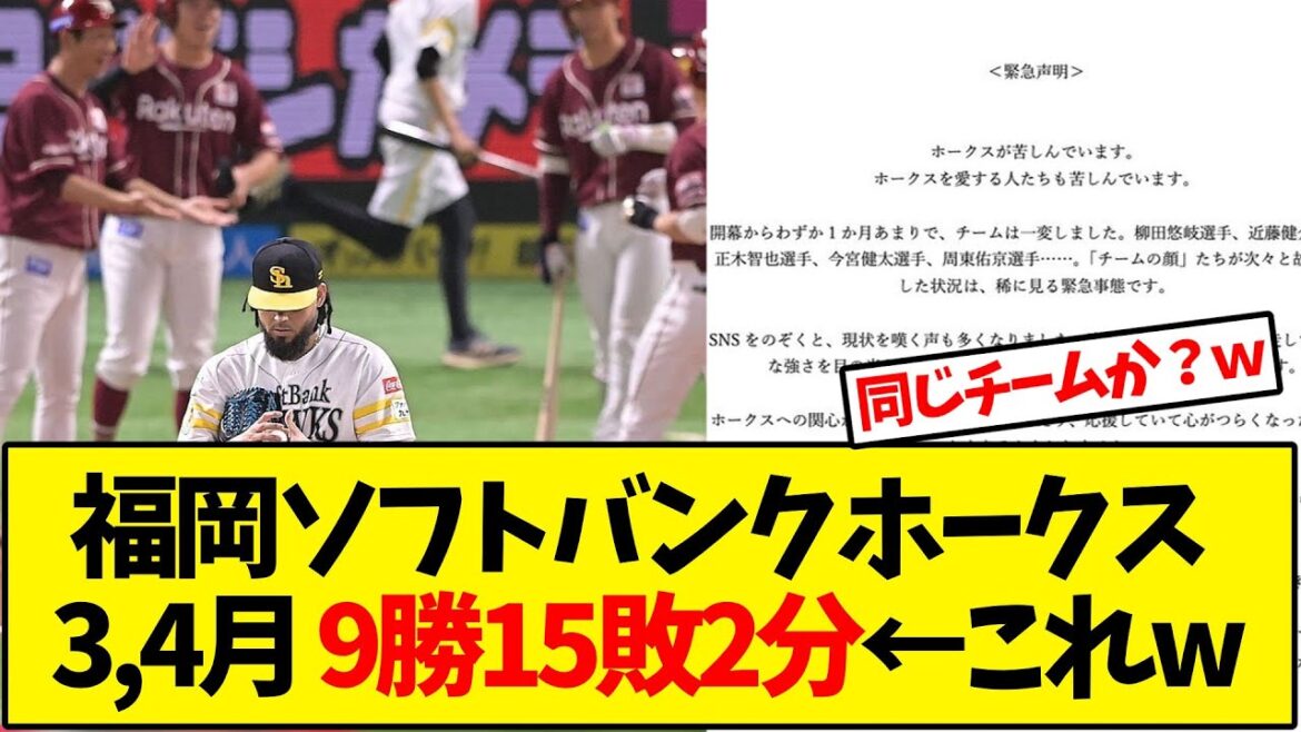 【ホークス】ソフトバンク 3,4月 9勝15敗2分←これw【野球反応集】