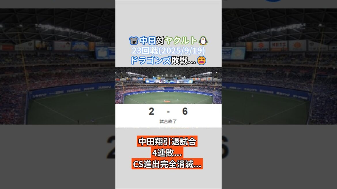 2025年9月19日 中日ドラゴンズ 対 ヤクルトスワローズ 試合結果 中日ファン目線で振り返り!#shorts #野球 #プロ野球 #中日ドラゴンズ 2025年9月19日 中日ドラゴンズ 対 ヤクルトスワローズ 試合結果 中日ファン目線で振り返り!#shorts #野球 #プロ野球 #中日ドラゴンズ