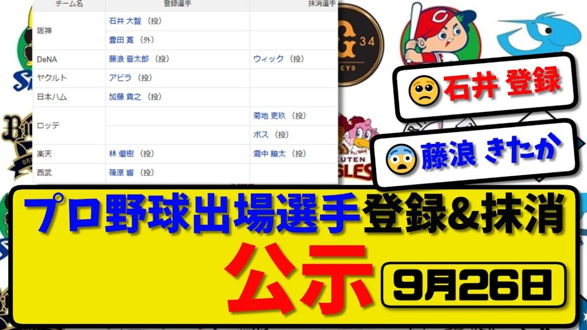 【公示】プロ野球 出場選手登録＆抹消 公示9月26日発表｜ウィック&菊地&ボス&瀧中ら抹消|石井&豊田&藤浪&林ら登録【最新・まとめ・反応集・なんJ・2ch】