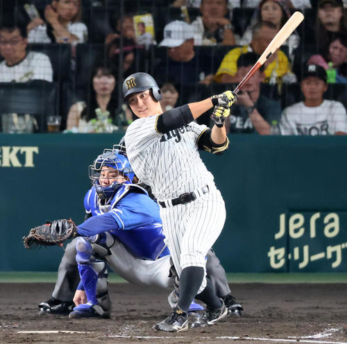 阪神対中日　5回裏阪神1死、井坪は中前打を放つ（撮影・加藤哉）