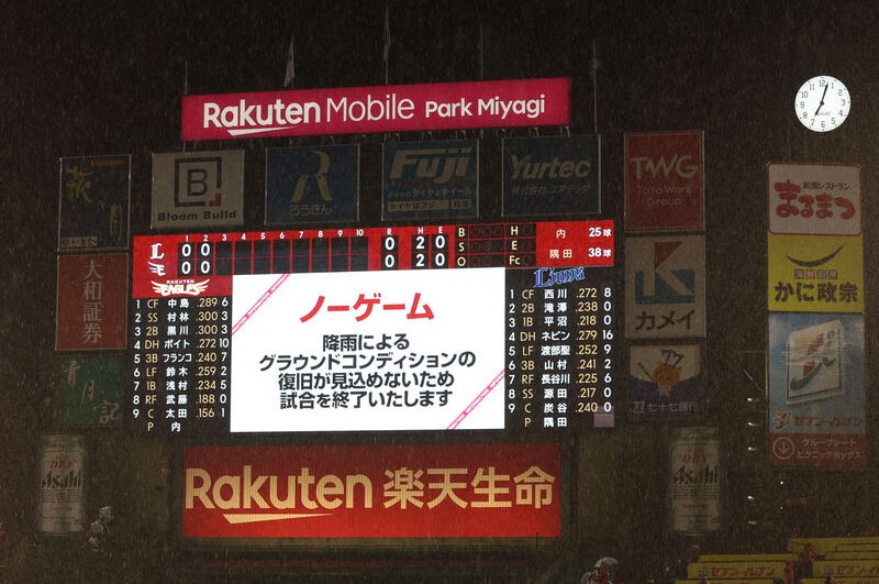 降雨ノーゲームを伝えるスコアボード
