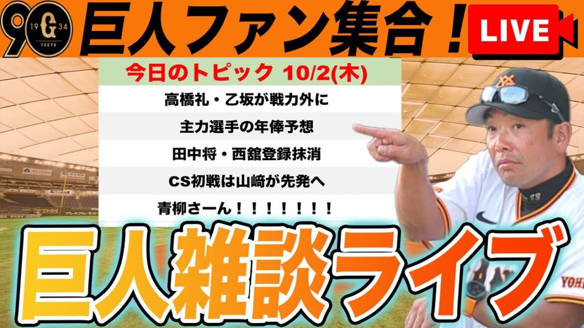 【巨人ファン集合】高橋礼・乙坂らが戦力外に！泉口の最高出塁率のタイトル無くなる・・・。主力の年俸予想など雑談　読売ジャイアンツ