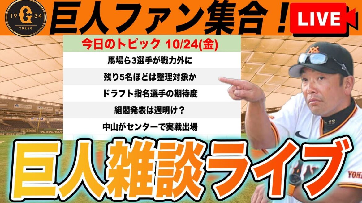 【巨人ファン集合】馬場ら3選手が戦力外！支配下枠の状況は？ドラフト指名選手の期待度など雑談　読売ジャイアンツ