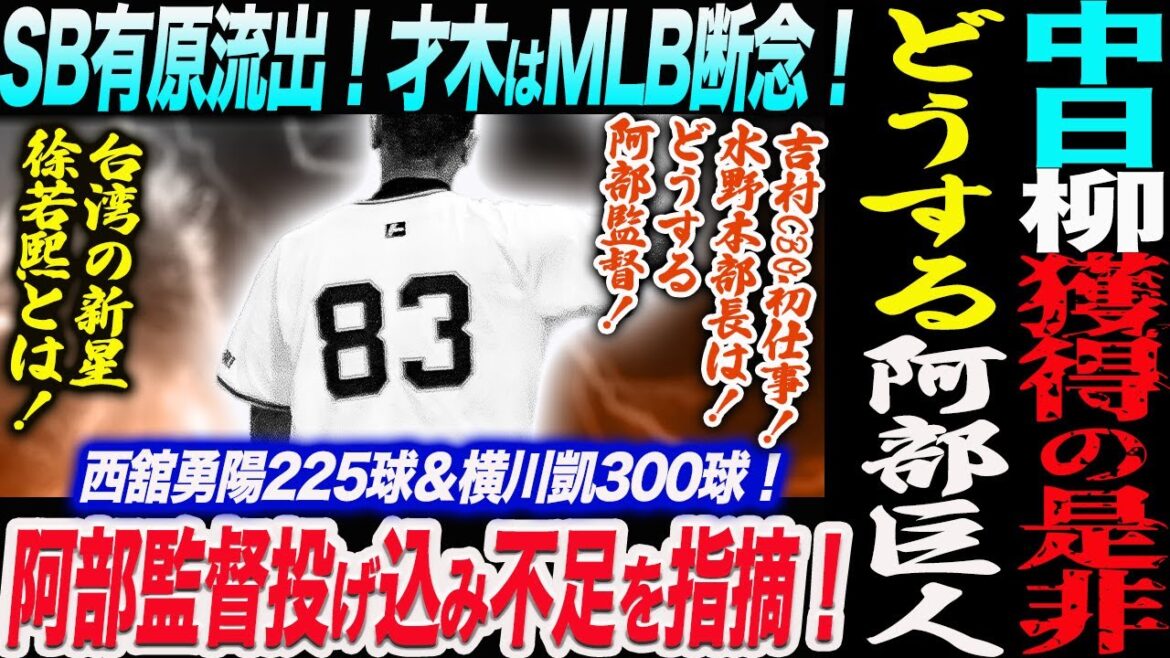 中日FA柳投手獲得の是非！どうする阿部巨人！SB有原が自由契約で流出危機！才木はMLB断念！阿部監督投げ込み不足を指摘！台湾の新星徐若熙とは！読売巨人軍 ジャイアンツ 巨人 GIANTS 阿部監督