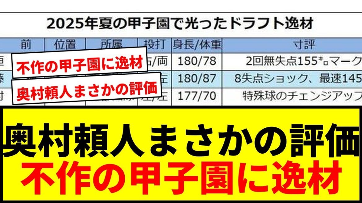 【衝撃】横浜奥村頼人、まさかの野手ナンバーワン評価！元ヤクルト編成部長が選ぶドラフト候補の逸材
