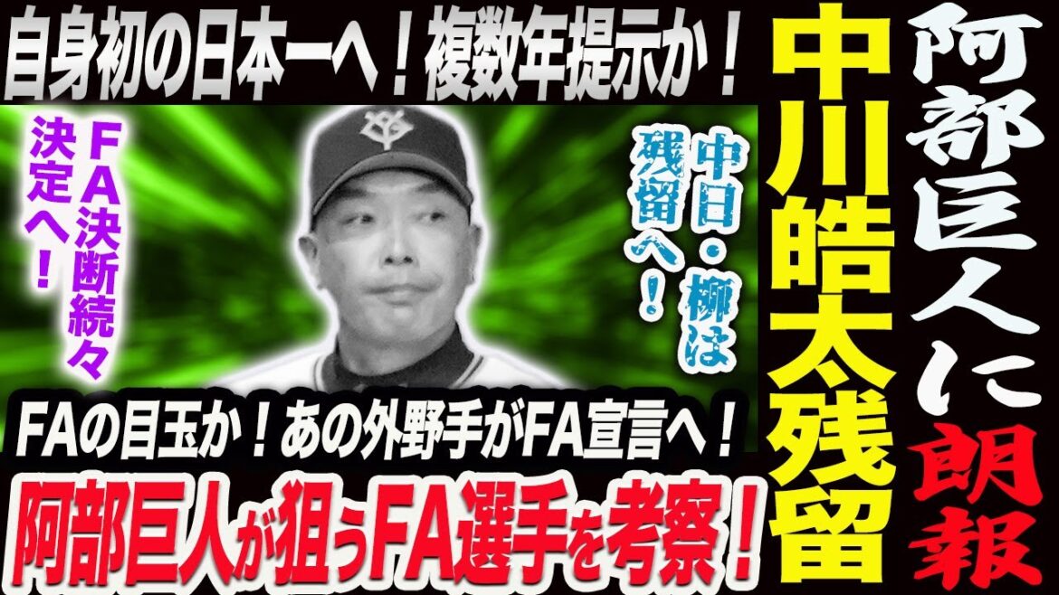 阿部巨人に朗報！中川皓太残留へ！自身初の日本一へ！複数年提示か！阿部巨人が狙うFA選手を考察！FAの目玉か！あの外野手がFA宣言へ！読売巨人軍 ジャイアンツ 巨人 GIANTS 阿部監督
