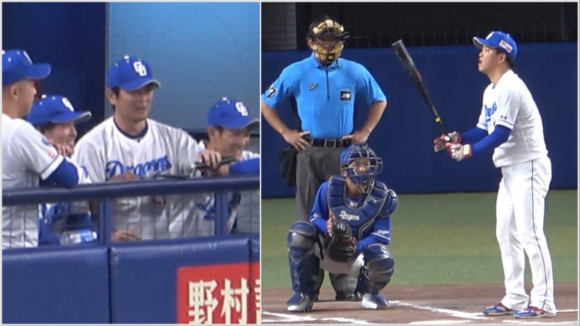 中田翔のモノマネで打席に入る柳とそれをアシストする涌井（笑）