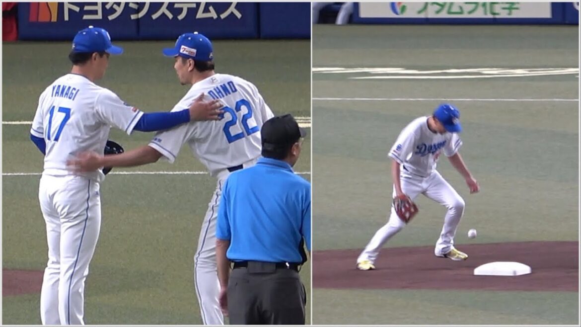 自らのエラーをピッチャー柳に謝りに行くショート大野雄大（笑）