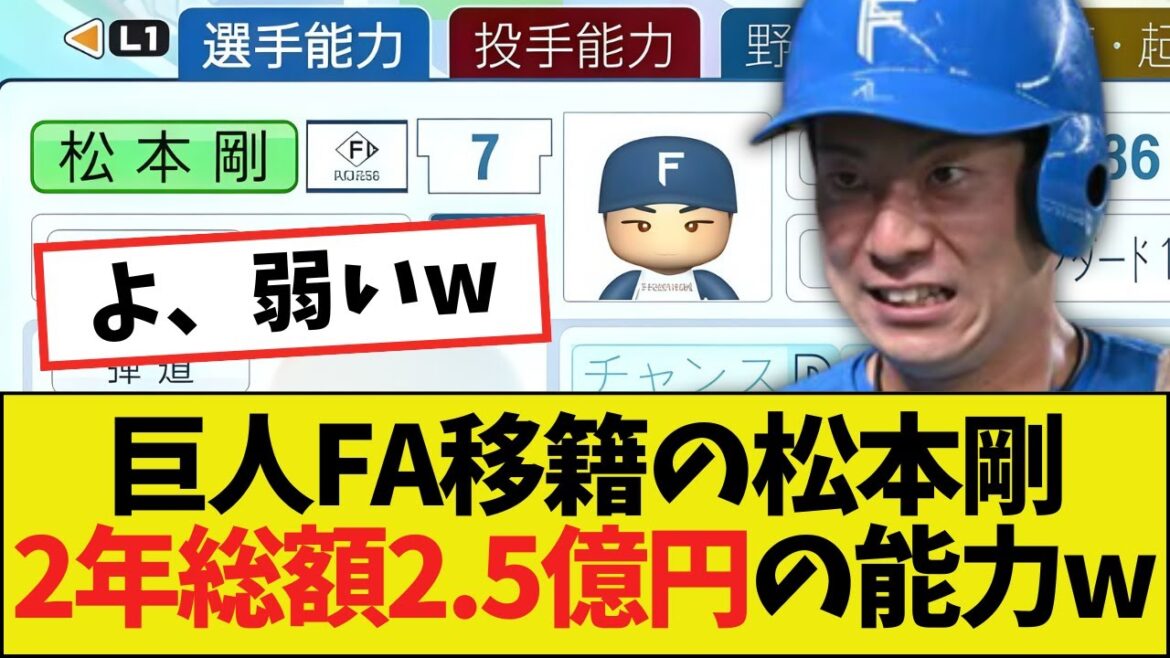 【悲報】2年2.5億円でFA移籍する松本剛（32歳）さん、パワプロ2025能力ｗｗｗｗ