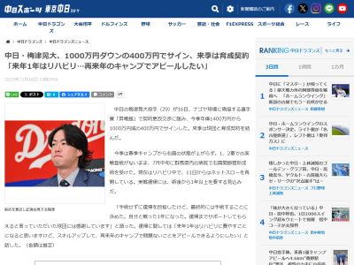 中日球団は「復帰までサポート」　中日・梅津晃大が球団への感謝を語る