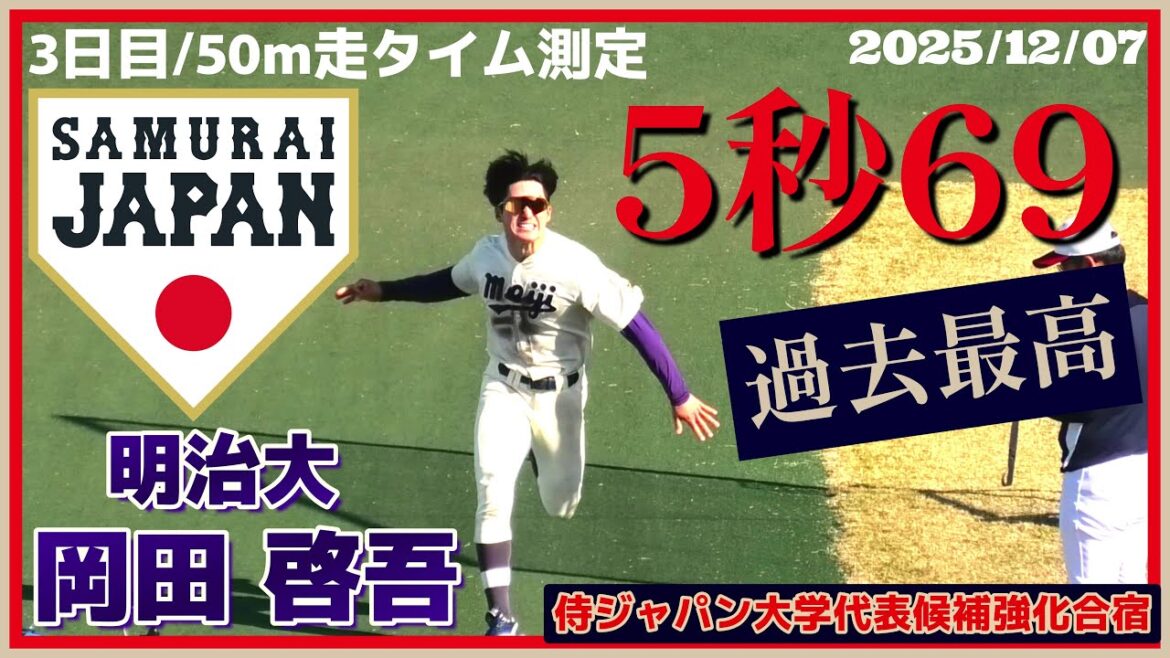 【≪今年の最速男/2026ドラフト候補/50mタイム測定≫今年の俊足No.1は明治大の二塁手!/2025侍ジャパン大学代表候補強化合宿3日目】2025/12/07明治大3年生・岡田 啓吾(前橋育英高) 【≪今年の最速男/2026ドラフト候補/50mタイム測定≫今年の俊足No.1は明治大の二塁手!/2025侍ジャパン大学代表候補強化合宿3日目】2025/12/07明治大3年生・岡田 啓吾(前橋育英高)